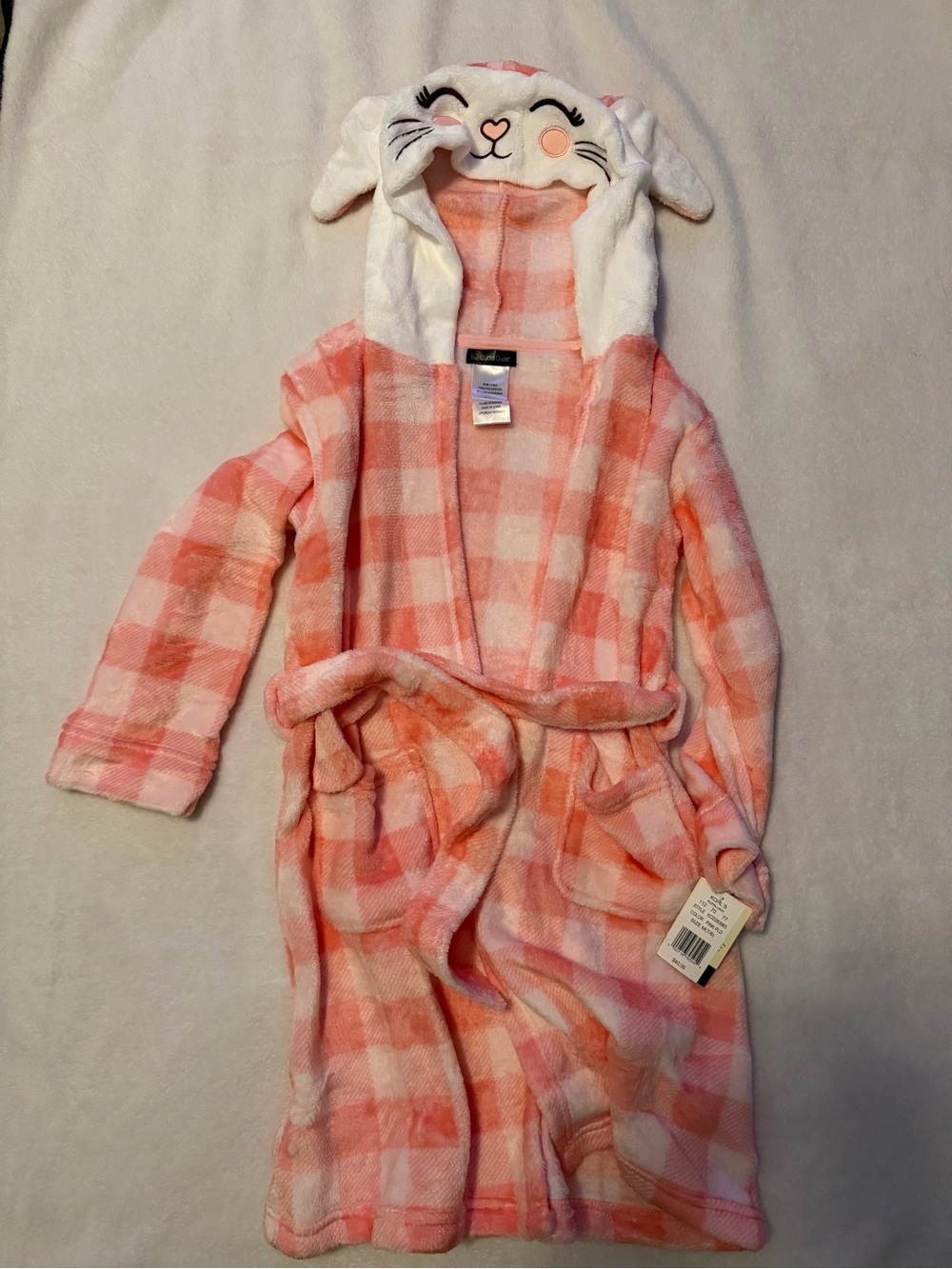 NWT Girls sz 7/8 Plush Hooded Pink Check Robe with Bunny Ears